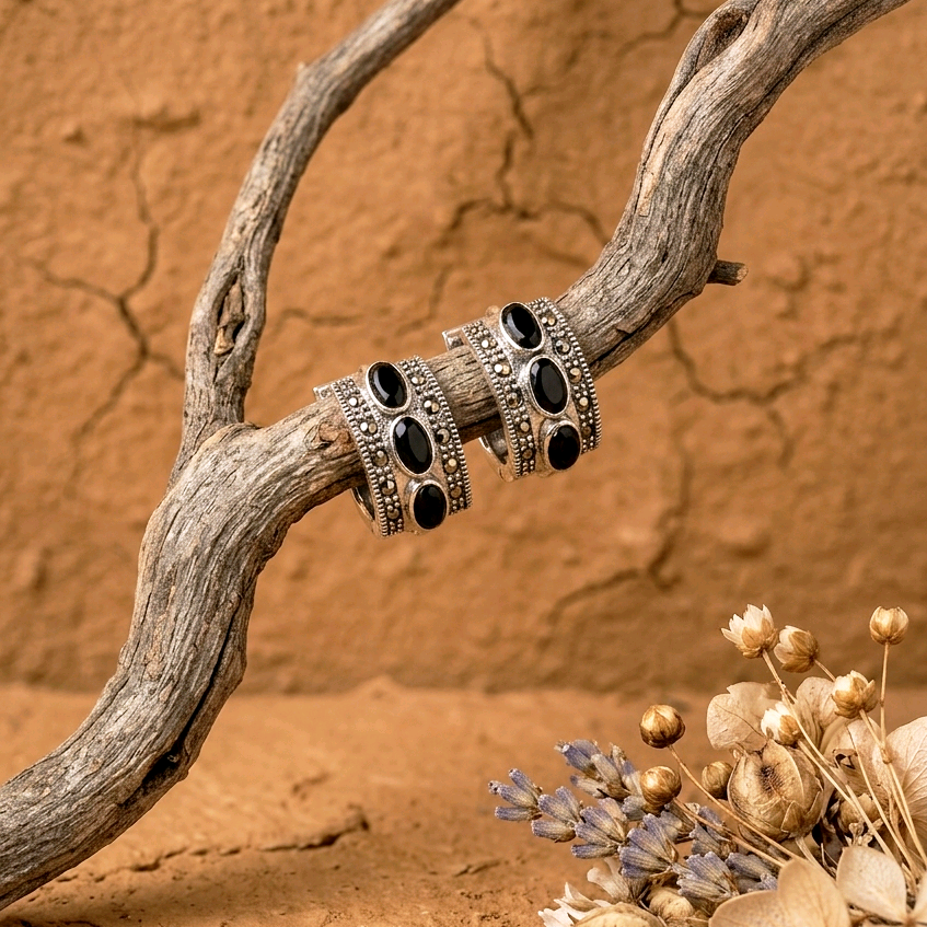 Silver Black Gemstone Hoops